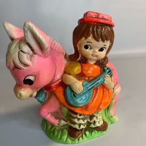 Vintage piggy bank girl pink donkey Japan some paint missing see pictures